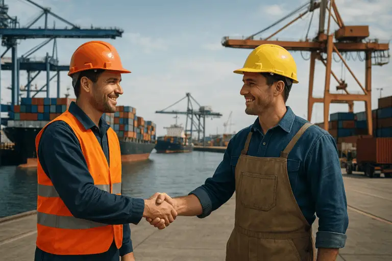 Deux ouvriers, l’un suisse portant un gilet orange et un casque orange, l’autre américain avec un tablier de travail et un casque jaune, se serrent la main dans un port maritime. En arrière-plan, on voit des grues géantes, des conteneurs multicolores et un porte-conteneurs en cours de chargement.