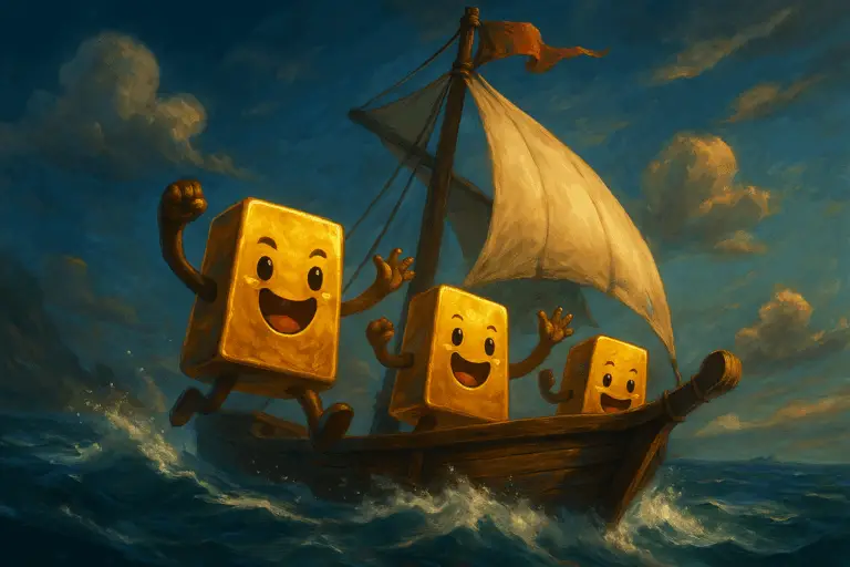 Deux lingots d’or mignons et anthropomorphes naviguant sur un voilier en bois, souriants et festifs, dans une scène maritime inspirée du style Sea of Thieves.
