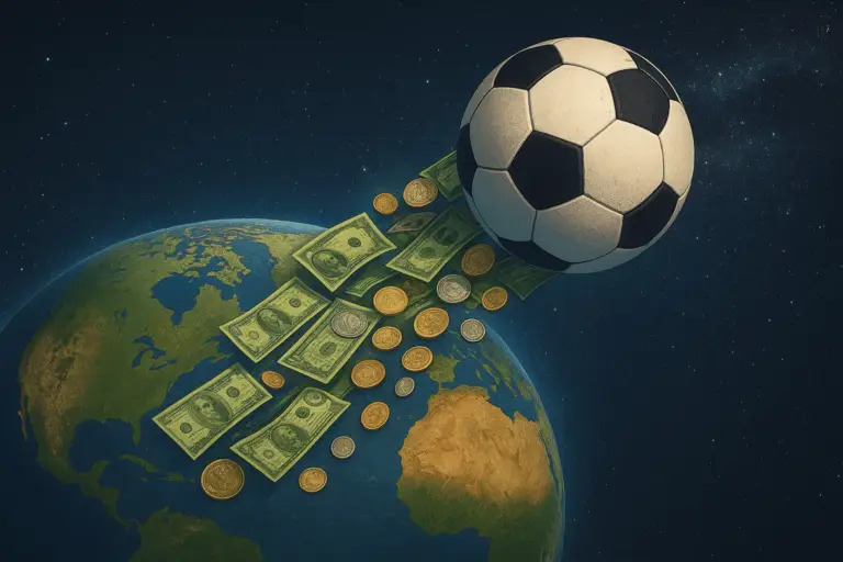 Ballon de football roulant autour de la Terre dans l’espace, laissant derrière lui une traînée de billets et de pièces de devises réelles, avec la Voie lactée en arrière-plan.