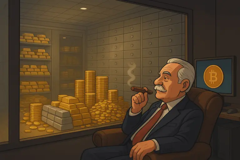 Homme âgé et riche fumant un cigare dans un fauteuil, observant une immense salle des coffres remplie de lingots d’or, pièces d’argent et crypto-monnaies sur un écran.