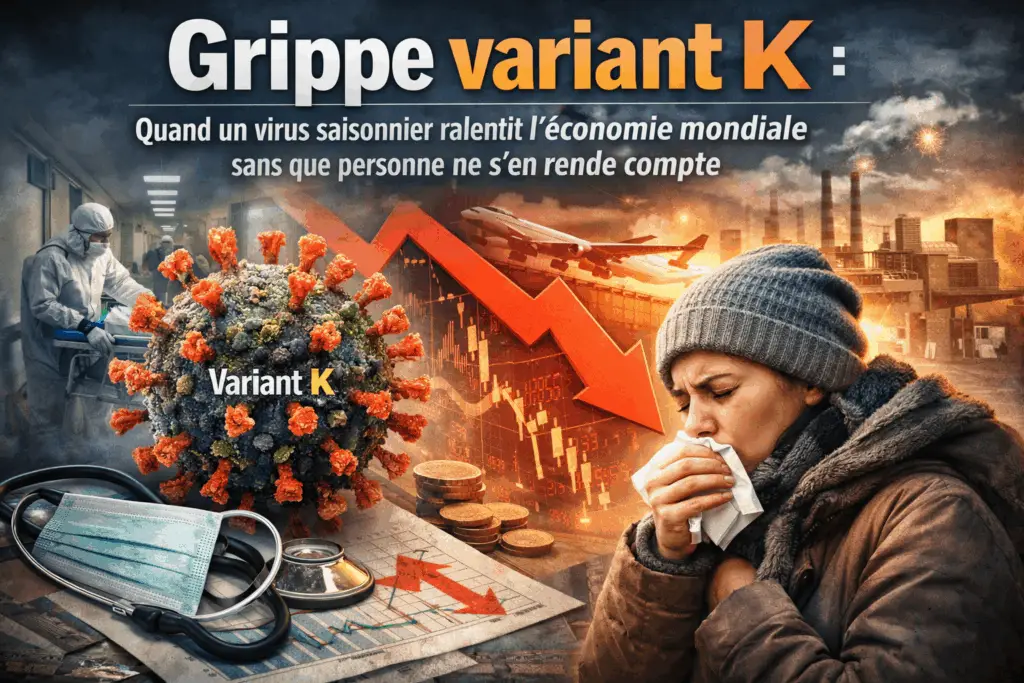 Illustration montrant le variant K de la grippe et son impact sur l’économie mondiale avec baisse des marchés, pression sur le système de santé et ralentissement industriel