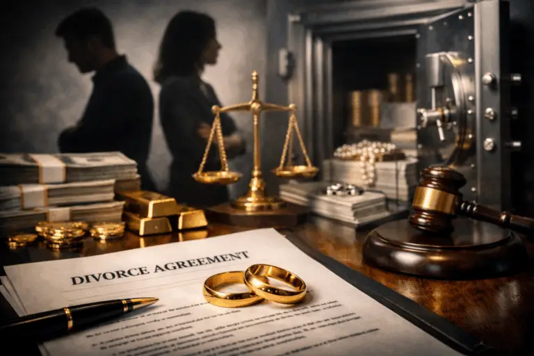 divorce et séparation des biens avec conflits financiers illustrant la protection des actifs dans un coffre privé sécurisé à genève