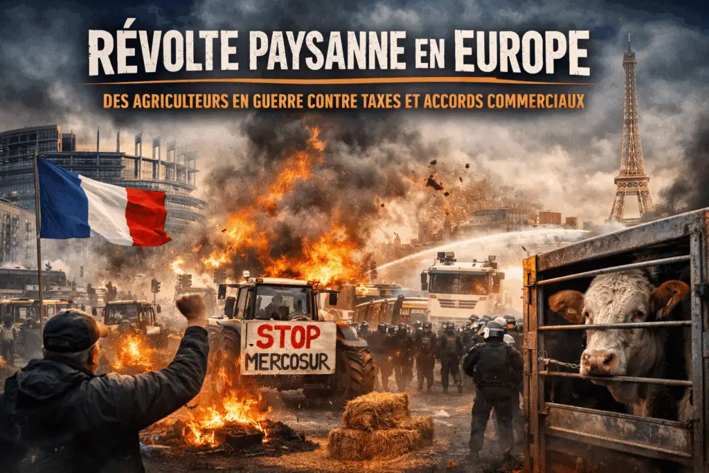 Manifestation d’agriculteurs à Bruxelles avec tracteurs, feux et police, protestant contre les taxes et l’accord Mercosur, avec une vache dans un camion et l’Eiffel Tower en arrière-plan