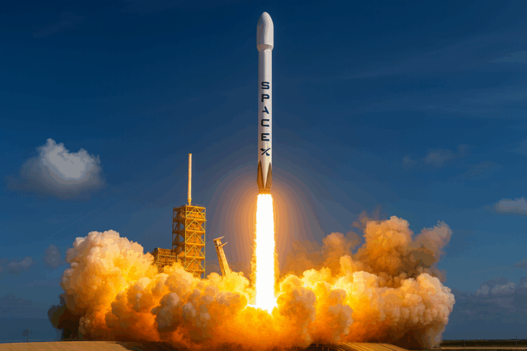 Fusée SpaceX décollant avec une poussée spectaculaire, flammes et nuage de fumée illustrant la puissance technologique et industrielle du groupe d’Elon Musk.