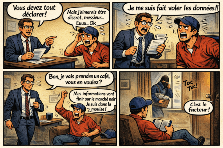 Comic humoristique : contrôle fiscal, vol de données et facteur cagoulé