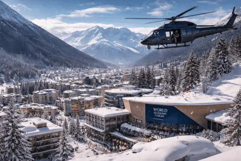 Vue aérienne de Davos enneigée pendant le World Economic Forum avec un hélicoptère militaire de sécurité survolant le centre de conférence et les hôtels de luxe