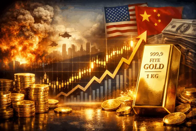 Prix de l’or en 2026 illustré par un lingot, des pièces et un graphique haussier sur fond de tensions géopolitiques mondiales