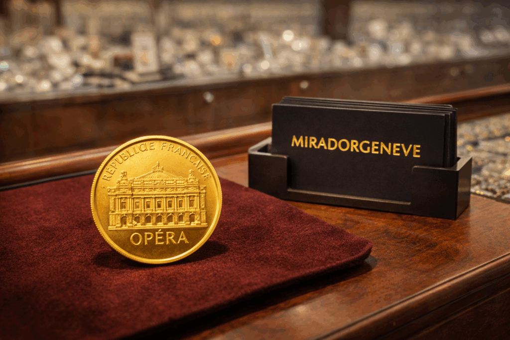 Pièce en or de l’Opéra de Paris exposée sur le comptoir d’un bijoutier avec cartes Mirador Genève, investissement en or physique 2026