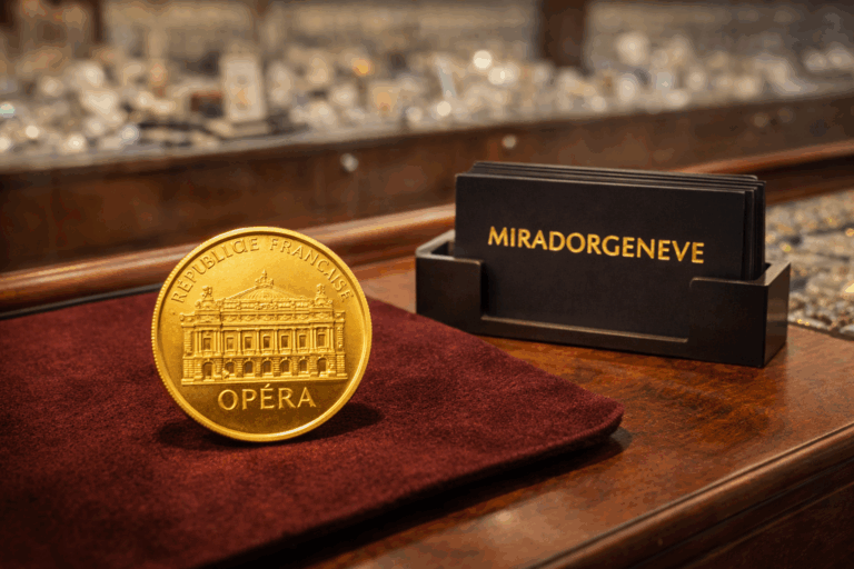 Pièce en or de l’Opéra de Paris exposée sur le comptoir d’un bijoutier avec cartes Mirador Genève, investissement en or physique 2026