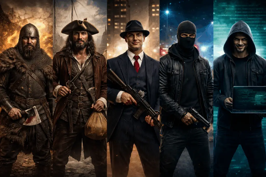 Illustration de l’évolution de la criminalité du Moyen Âge à la cybercriminalité moderne, montrant un bandit de l’an 1000, un pirate du XVe siècle, un gangster du XXe siècle, un criminel masqué des années 2000 et un hacker en 2026 avec arrière-plans historiques et numériques