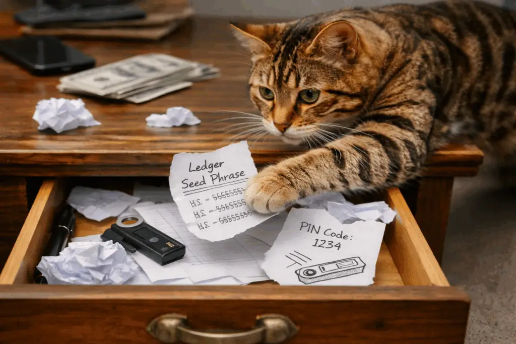 Chat Bengal curieux ouvrant un tiroir contenant des feuilles avec des notes de cryptomonnaie Ledger et un portefeuille Ledger. Illustration humoristique soulignant l'importance de la sécurité physique des cryptos.