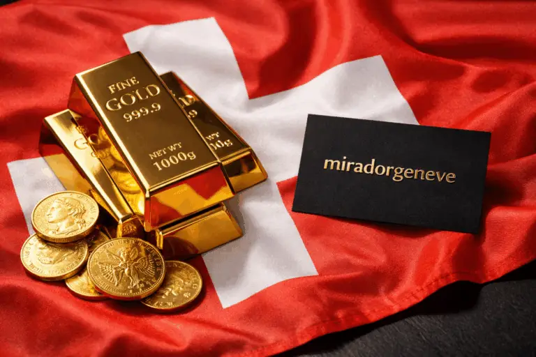 Lingots et pièces en or posés sur le drapeau suisse avec carte Mirador Genève, stockage sécurisé de métaux précieux en chambre forte à Genève
