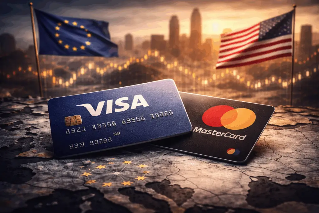 Cartes Visa et Mastercard posées sur une carte de l’Europe avec les drapeaux européen et américain en arrière-plan, illustrant la dépendance des paiements européens aux réseaux financiers des États-Unis