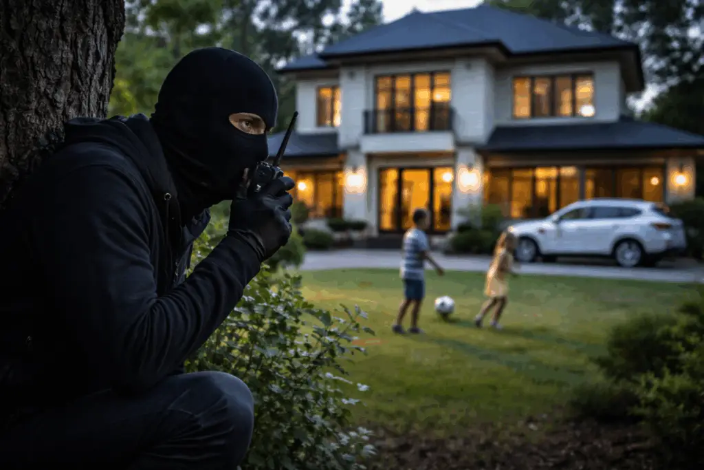 Voleur masqué dissimulé derrière un buisson observant un couple dans le jardin d’une maison haut de gamme, illustrant les risques de cambriolage et l’importance des chambres fortes privées pour la sécurité du patrimoine.