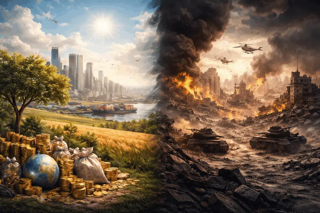 Illustration paysage montrant le contraste entre une ville prospère en temps de paix et une zone urbaine détruite par la guerre, symbolisant l’impact économique mondial