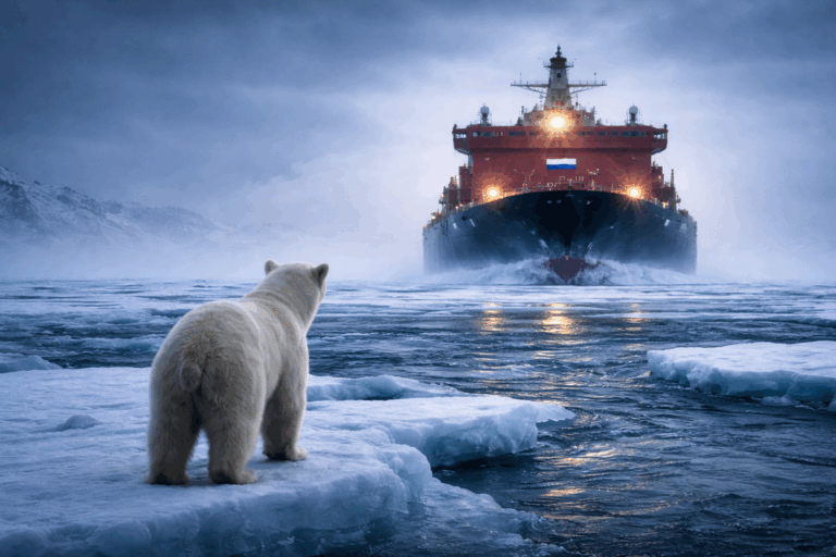 Ours polaire sur une banquise observant un immense brise-glace russe approcher dans l’Arctique, symbolisant la compétition géopolitique et les enjeux économiques mondiaux.