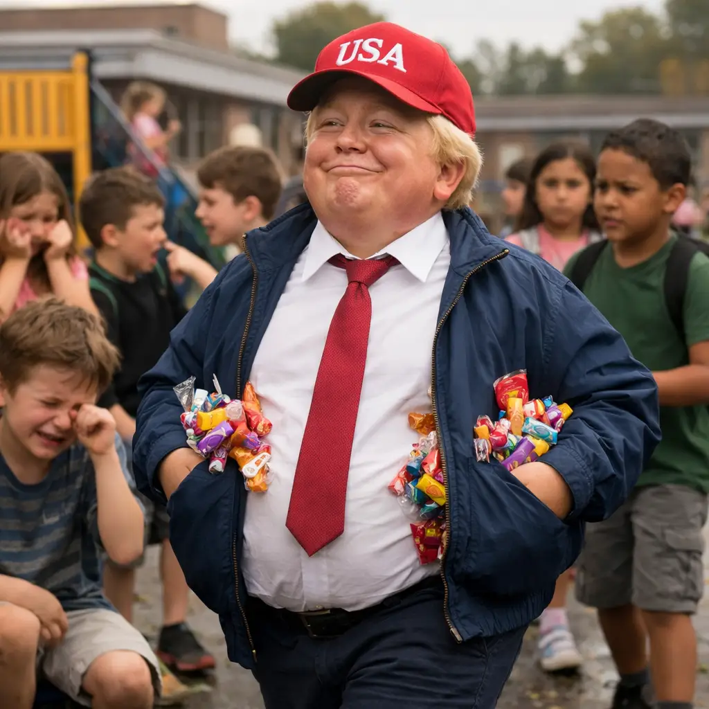 Illustration satirique montrant une cour de récréation symbolisant les tensions géopolitiques, avec un enfant arrogant au centre et d’autres enfants déçus, métaphore des relations entre les États-Unis, le Venezuela et l’Iran