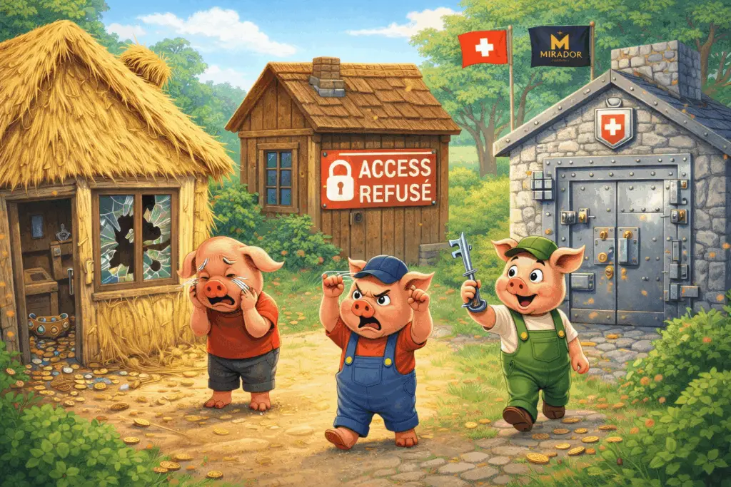 Illustration des trois petits cochons représentant la sécurité des biens, cambriolage, compte gelé et chambre forte privée Mirador Genève avec drapeau suisse