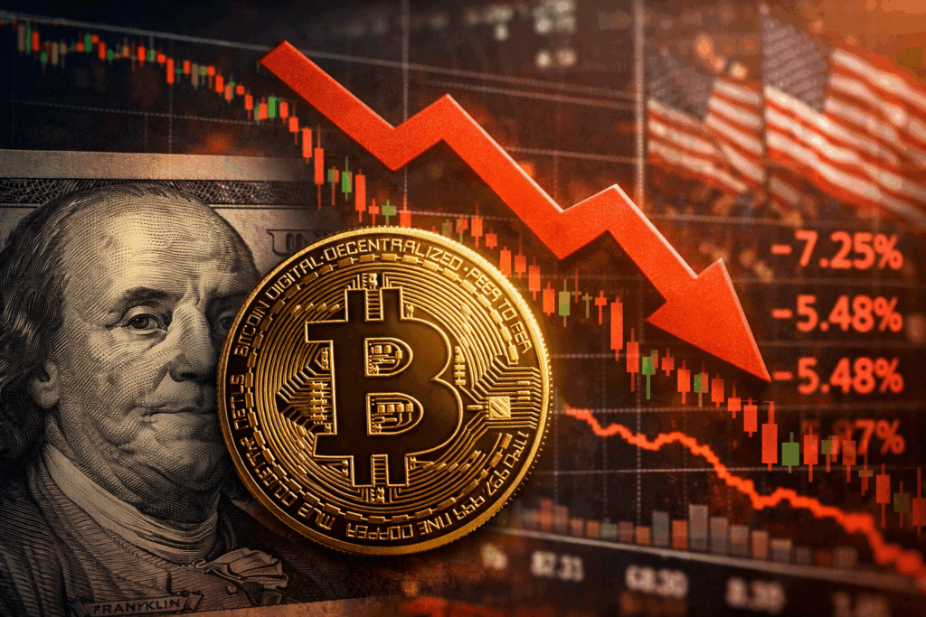 Bitcoin en baisse sur les marchés financiers avec graphique de chute et drapeau américain illustrant l’impact des décisions économiques américaines sur les cryptomonnaies
