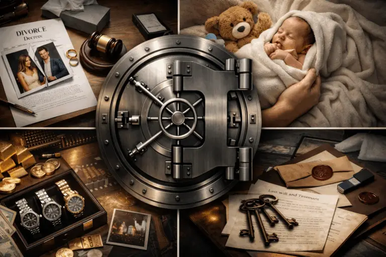 Porte blindée de chambre forte symbolisant la protection du patrimoine, des documents légaux, des investissements et des moments clés de la vie