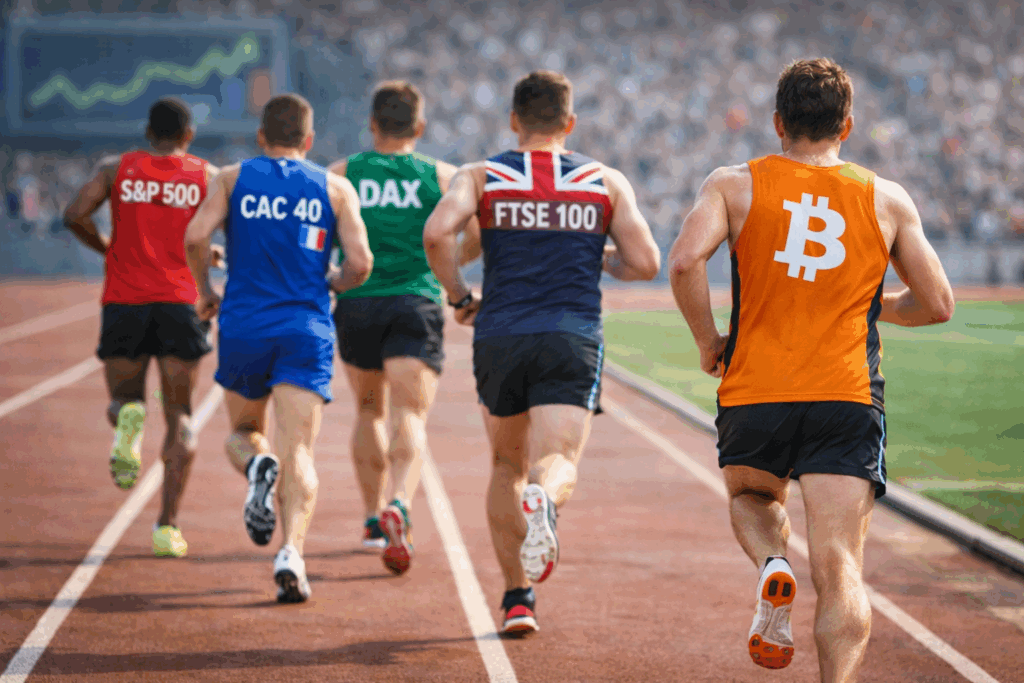 Vue de dos de coureurs sur une piste rouge : Bitcoin en orange à la traîne derrière les indices boursiers S&P 500, CAC 40, DAX et FTSE 100, symbolisant la sous-performance des cryptomonnaies par rapport aux marchés traditionnels.
