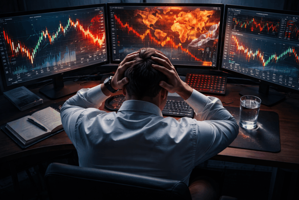 Homme trader observant des graphiques financiers volatils sur plusieurs écrans, anticipant un choc économique mondial et l’instabilité des marchés
