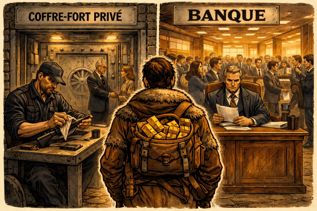 Illustration comparant une chambre forte privée sécurisée et une banque traditionnelle, montrant la différence entre protection patrimoniale indépendante et système bancaire institutionnel