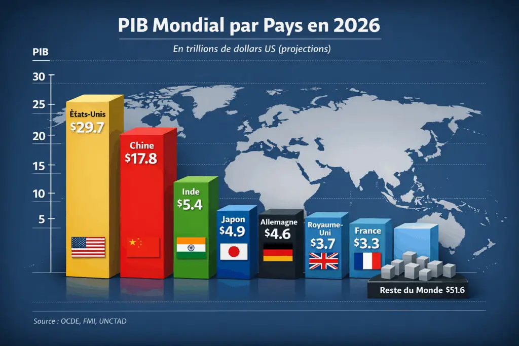 "Graphique du PIB mondial par pays en 2026 en trillions de dollars, incluant les principales économies comme les États-Unis, la Chine, l’Inde, le Japon et l’Allemagne"