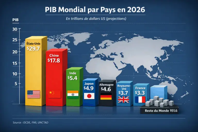 "Graphique du PIB mondial par pays en 2026 en trillions de dollars, incluant les principales économies comme les États-Unis, la Chine, l’Inde, le Japon et l’Allemagne"