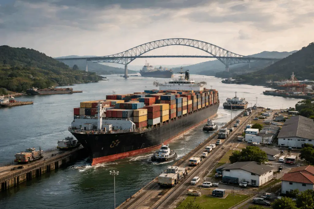 Photo aérienne d’un cargo naviguant dans les écluses du canal de Panama, entouré de collines verdoyantes et de bateaux-tug, avec le pont des Amériques en arrière-plan