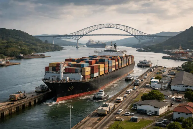 Photo aérienne d’un cargo naviguant dans les écluses du canal de Panama, entouré de collines verdoyantes et de bateaux-tug, avec le pont des Amériques en arrière-plan