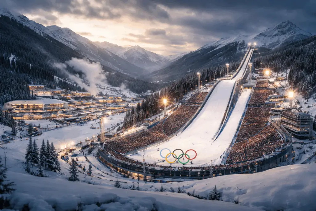 Site des jeux olympiques d’hiver en montagne illustrant les enjeux économiques et climatiques liés à l’organisation des grandes compétitions sportives