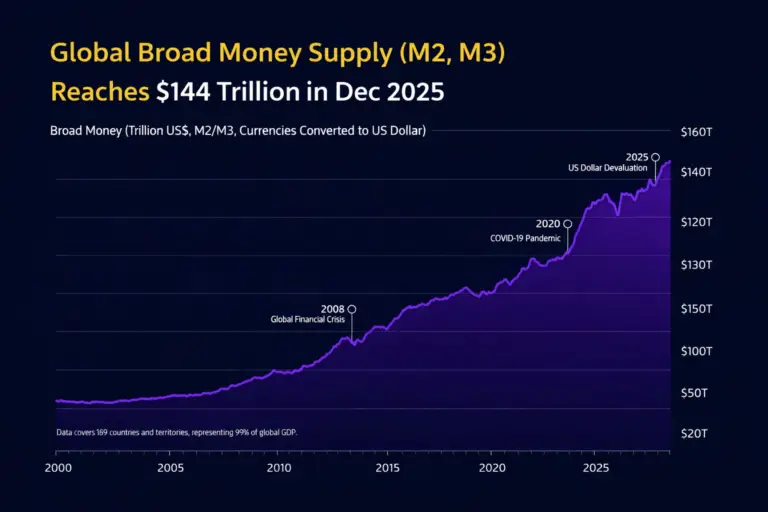Graphique de la masse monétaire mondiale M2 M3 atteignant 144 trillions de dollars en 2025 avec accélération après 2020