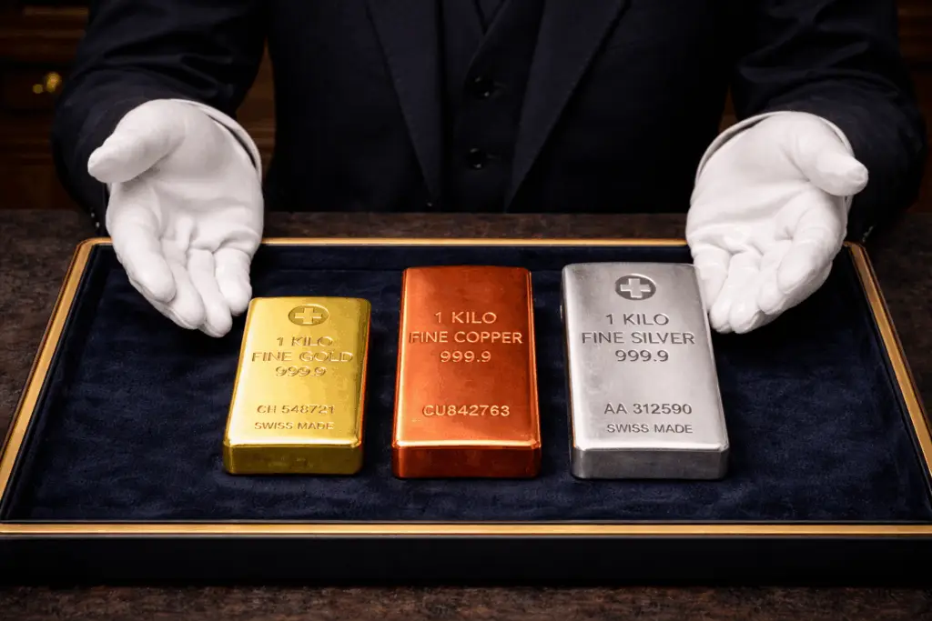 Three 1-kilogram bullion bars of gold, copper, and silver on a luxurious dark blue velvet tray, presented by a jeweler in white gloves and a dark suit, showing the size differences due to metal density.