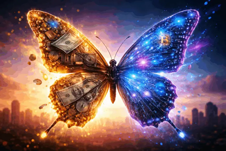 Papillon symbolisant la transition de la finance traditionnelle vers la crypto et la blockchain, moitié argent liquide et banques, moitié technologie numérique