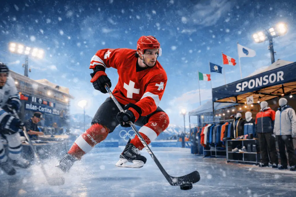 Joueur suisse de hockey sur glace en pleine action lors des Jeux olympiques d’hiver 2026 à Milan-Cortina, contrôlant le palet sur la glace sous les projecteurs