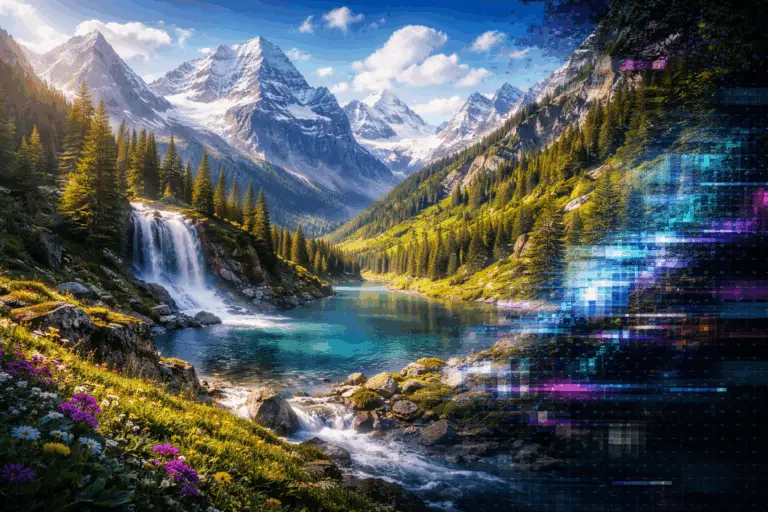 Paysage de montagne enneigée et verdoyante avec cascade sous soleil, partiellement envahi par un glitch numérique sombre représentant l’illusion de l’intelligence artificielle