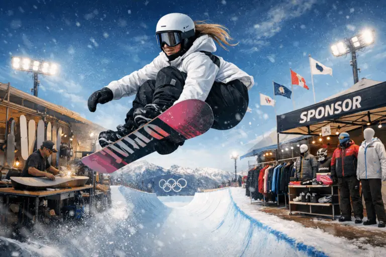 Snowboardeuse en plein saut en halfpipe aux Jeux olympiques d’hiver 2026 avec fabricant de planches et stand sponsor en arrière-plan illustrant l’écosystème économique du sport