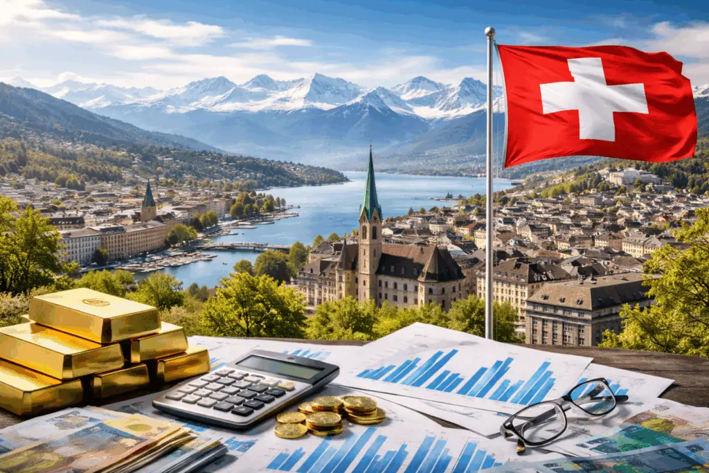 Economie suisse 2025 avec Zurich, franc suisse fort, lingots d’or et graphiques financiers face aux Alpes