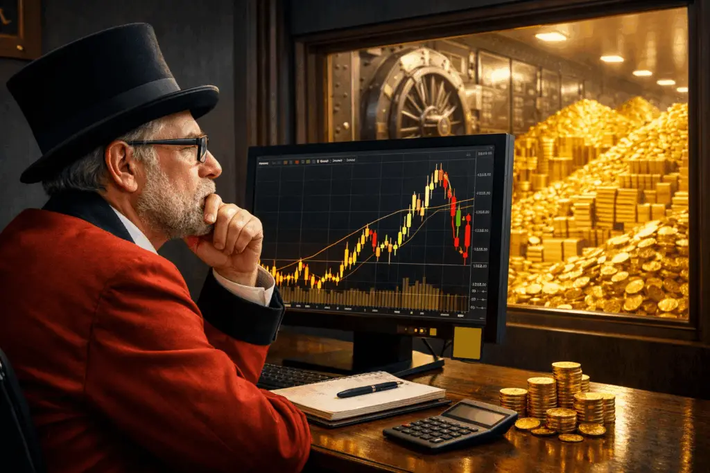 Homme analysant un graphique des prix de l’or sur écran, avec une salle des coffres remplie de pièces d’or visible par la fenêtre, illustrant la volatilité des marchés financiers