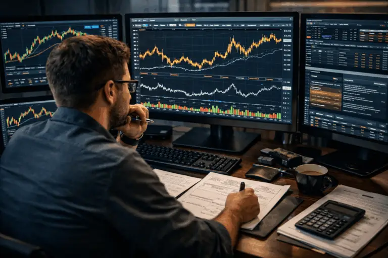 Analyste financier étudiant les graphiques boursiers de l’or et de l’argent sur plusieurs écrans dans un bureau