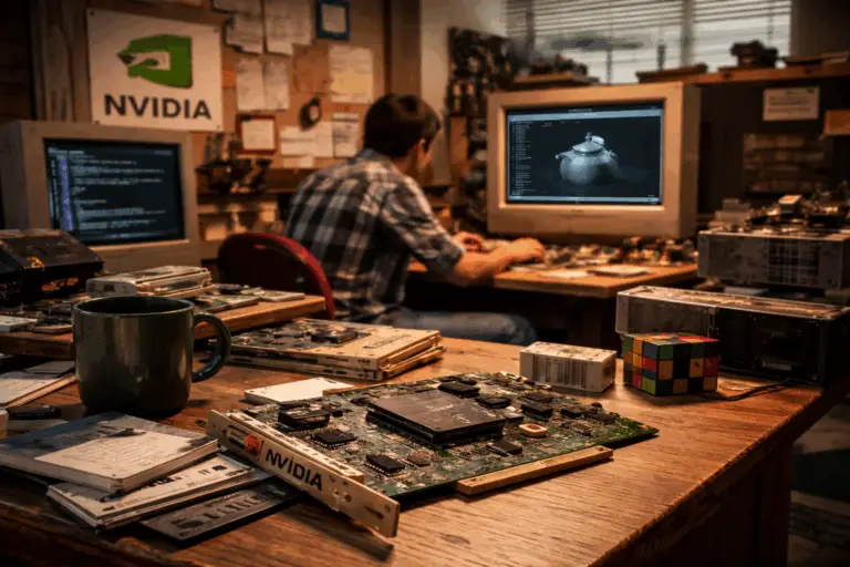 Bureau de Nvidia dans les années 1990 avec prototype de carte graphique et ingénieurs travaillant sur les premiers GPU Description