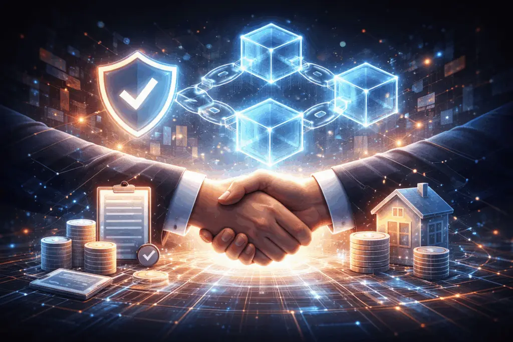 Illustration futuriste représentant la blockchain appliquée à l’assurance avec smart contracts et réseau décentralisé