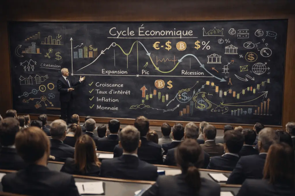 Expert financier expliquant les cycles économiques devant un grand tableau noir rempli de schémas macroéconomiques, devant une assemblée attentive