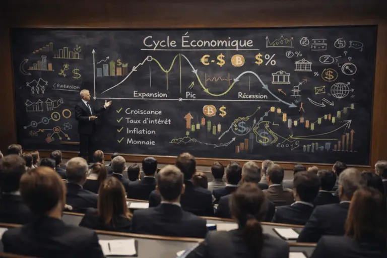 Expert financier expliquant les cycles économiques devant un grand tableau noir rempli de schémas macroéconomiques, devant une assemblée attentive