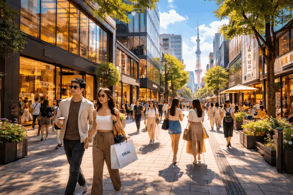 Rue animée d’un quartier chic au Japon avec des passants habillés à la mode asiatique contemporaine, boutiques élégantes sans marques connues, arbres et fleurs, journée ensoleillée avec ciel bleu, symbolisant la prospérité et la croissance économique en Asie.