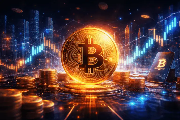 Illustration paysage d’un bitcoin lumineux au centre d’un environnement financier numérique avec graphiques boursiers et skyline moderne