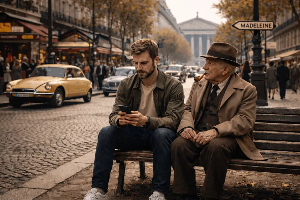 Homme contemporain regardant son smartphone assis sur un banc à Paris en 1970, près de la Madeleine, aux côtés d’un homme âgé en tenue d’époque, symbole du choc des générations et des crises économiques