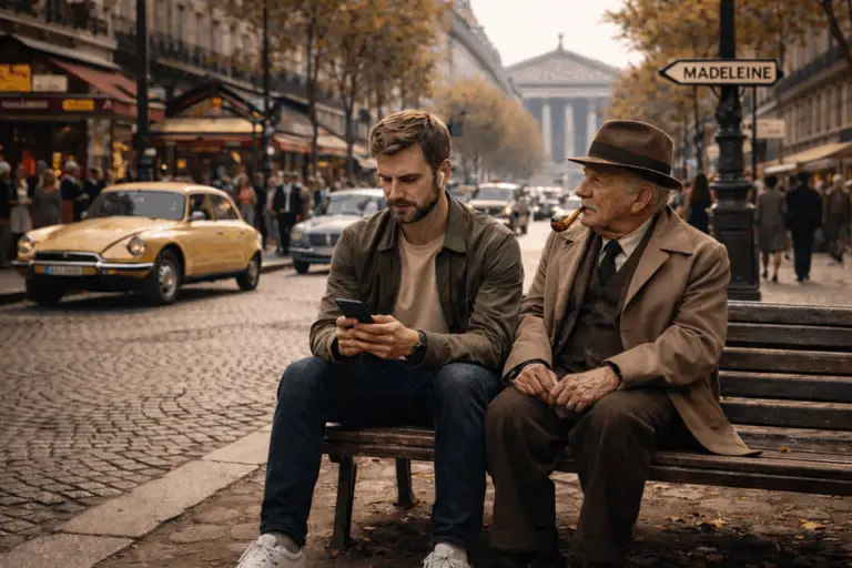 Homme contemporain regardant son smartphone assis sur un banc à Paris en 1970, près de la Madeleine, aux côtés d’un homme âgé en tenue d’époque, symbole du choc des générations et des crises économiques