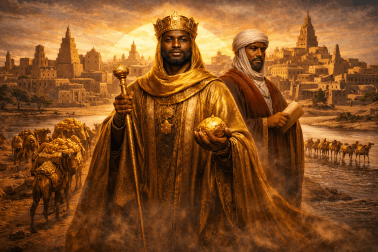 Illustration historique de Mansa Musa et de la dynastie Keïta de l’empire du Mali, avec des guerriers Soumano en cuir, des caravanes de chameaux chargées d’or traversant le désert et la ville prospère de Tombouctou en arrière-plan.